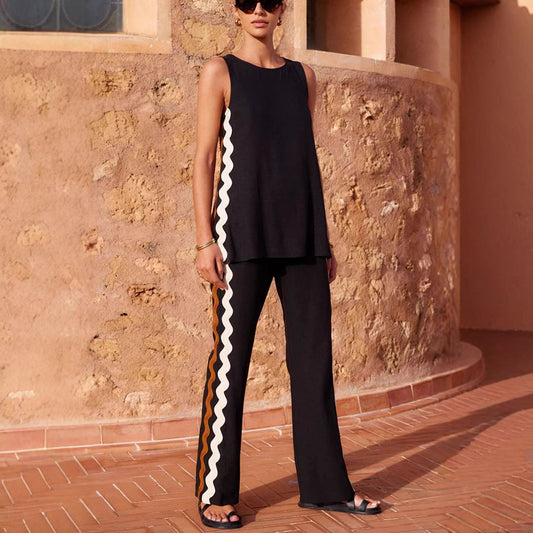 Sleeveless Top And Straight-Leg Pocket Pants Casual Set For Women