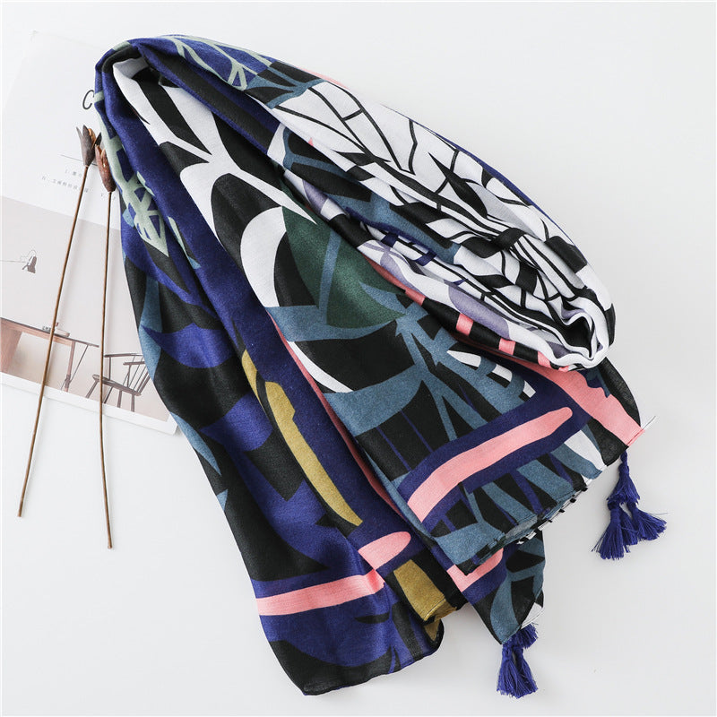 Leaf Painted Cotton And Linen Scarf Dual-use Sunscreen