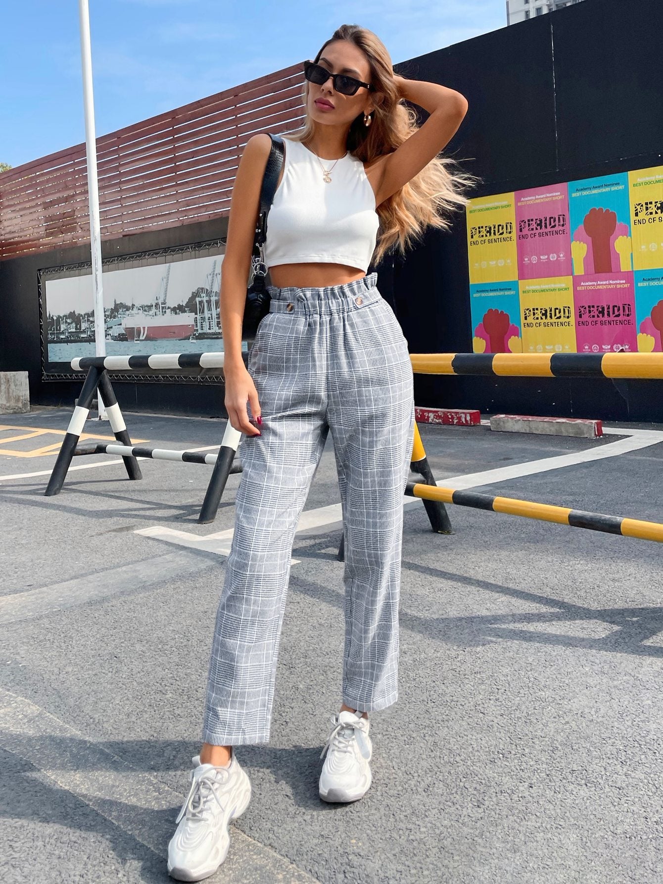 Women's Fashion Temperament High Waist Plaid Straight-leg Pants
