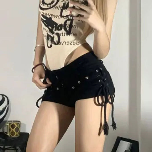 American Vibe Retro Tight Denim Shorts Lace-up Design Sense Hot Girl Slimming Hot Hip Pants