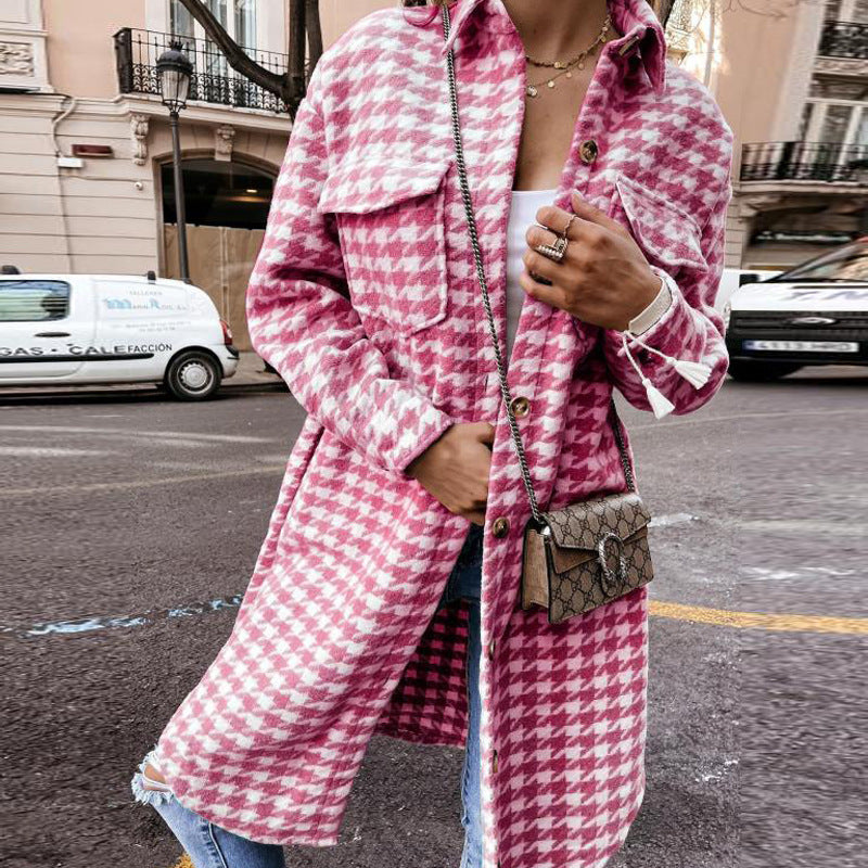 Houndstooth Print Lapel Mid-length Woolen Coat Women Trendy