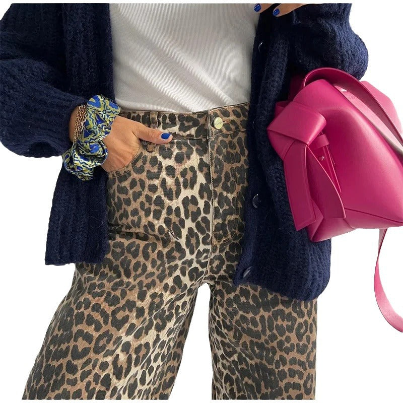 Dame Street Retro leopardprintede bukser med brede ben