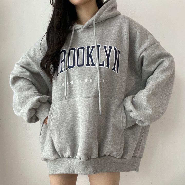 Sweater til damer, mellemlang, med bogstavprint, hætte, løs pasform