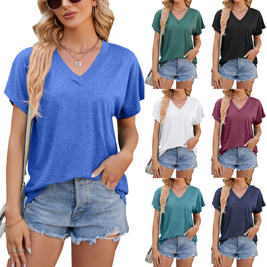 Sommer Dame V-hals Løs Kortærmet T-shirt Top