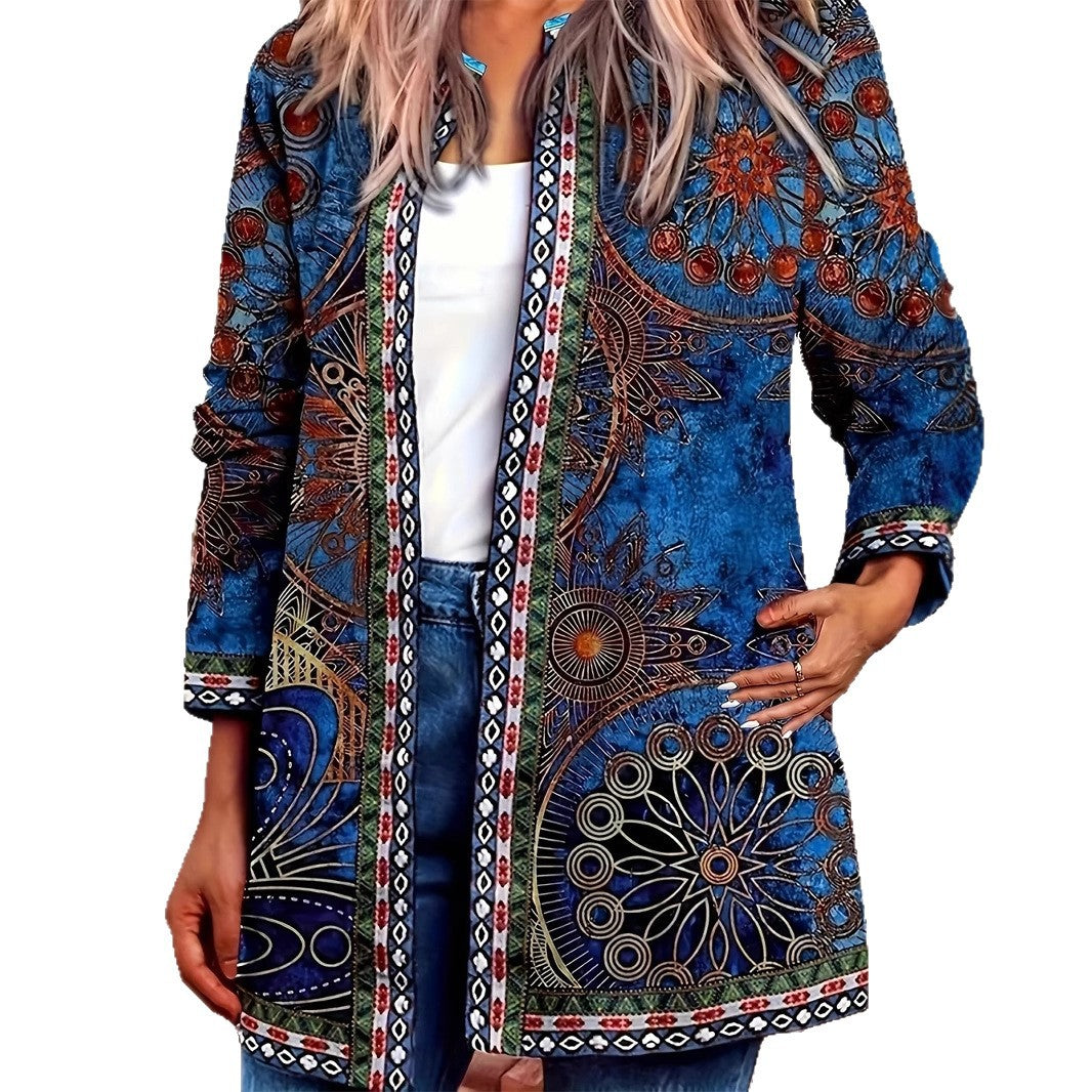 Women's Mid-length Printed Collarless Long Sleeve