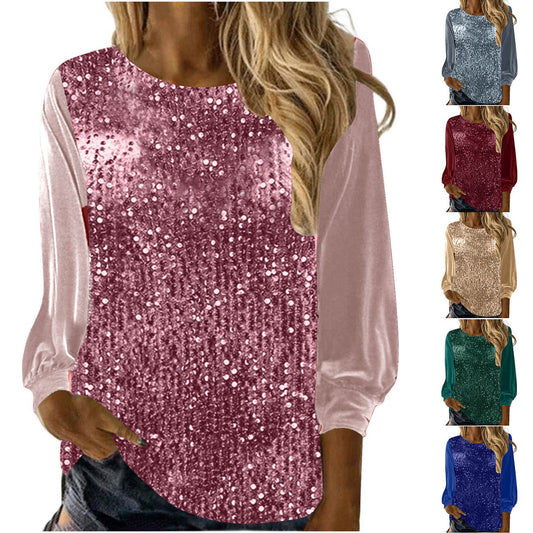 Europæisk og amerikansk dametøj Casual Rund Hals Langærmet Pullover Løs Paillet Top