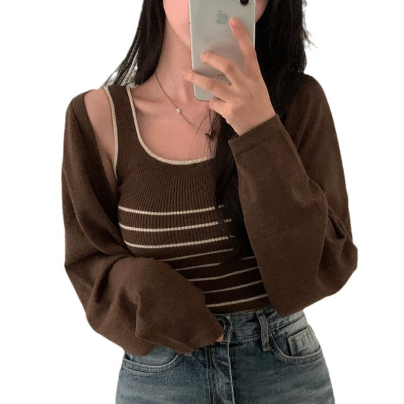 Retro Slim Fit All-matching Striped Knitted Vest Long Sleeve Shawl Sweater Coat