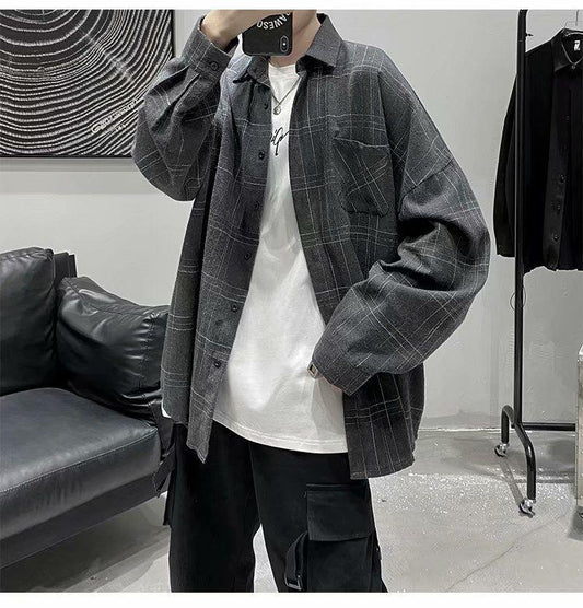 Plaid Shirt Men's Loose Long-sleeved Thin Jacket All-match Japanese Shirt