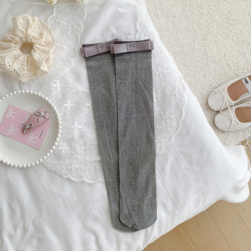 Cotton Calf-length Socks For Women With Silver-thread Bow