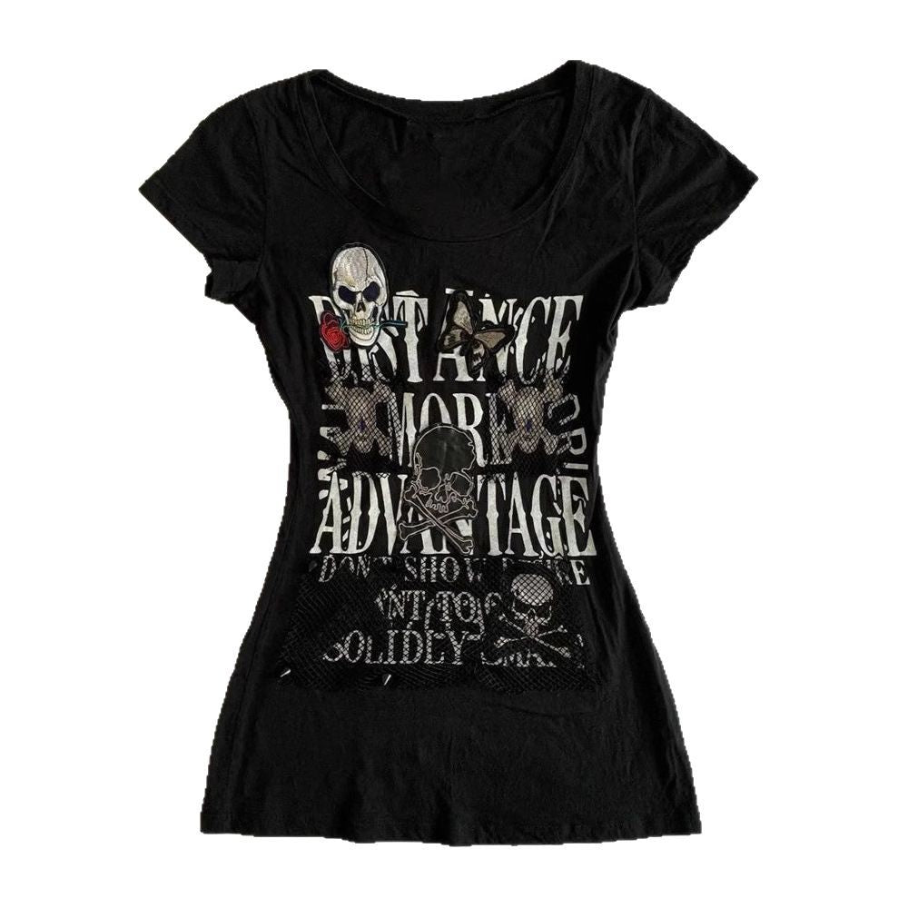 Retro Crew Neck Shoulder Slim-fit Slimming Short Sleeve