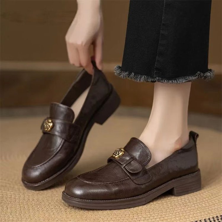 New Lazy Commute Flat Shoes For Women, Camellia Loafers, Soft Leather Vintage Distressed British Style Small Leather Shoes