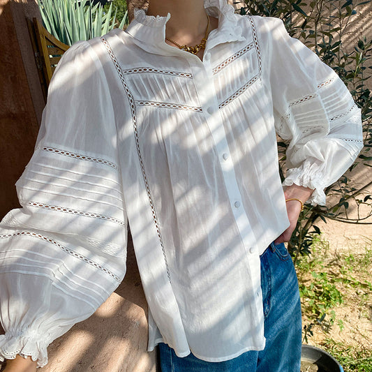 French Style White Shirt Women's Long Sleeve Elegant Cotton Loose