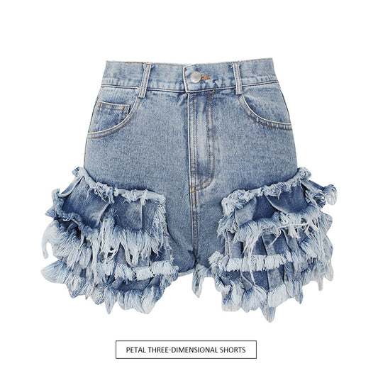New Fashion Temperament Sexy One Buckle Fringed Ears High Waist Denim Shorts Women