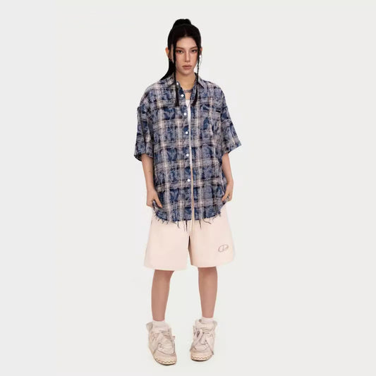 American Tie-dye Short Sleeve Plaid Shirt Design Sense