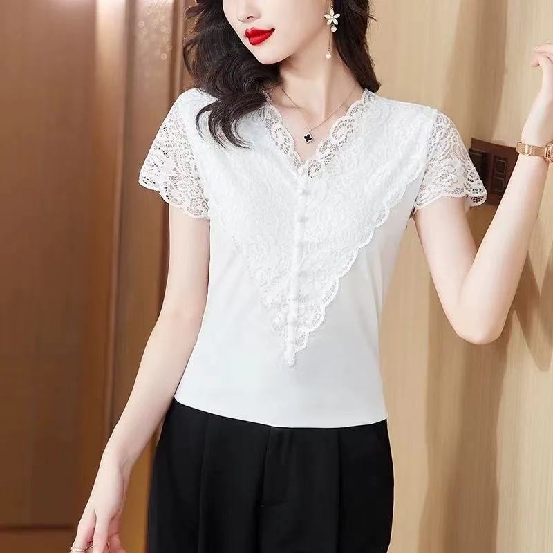Lace Hollow-out Elegant Slimming Beading Lace Short-sleeved Top