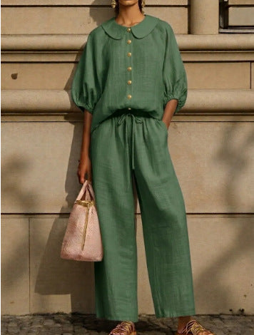 Fashionable Collar Shirt And Wide-Leg Pants Linen Two-Piece Set