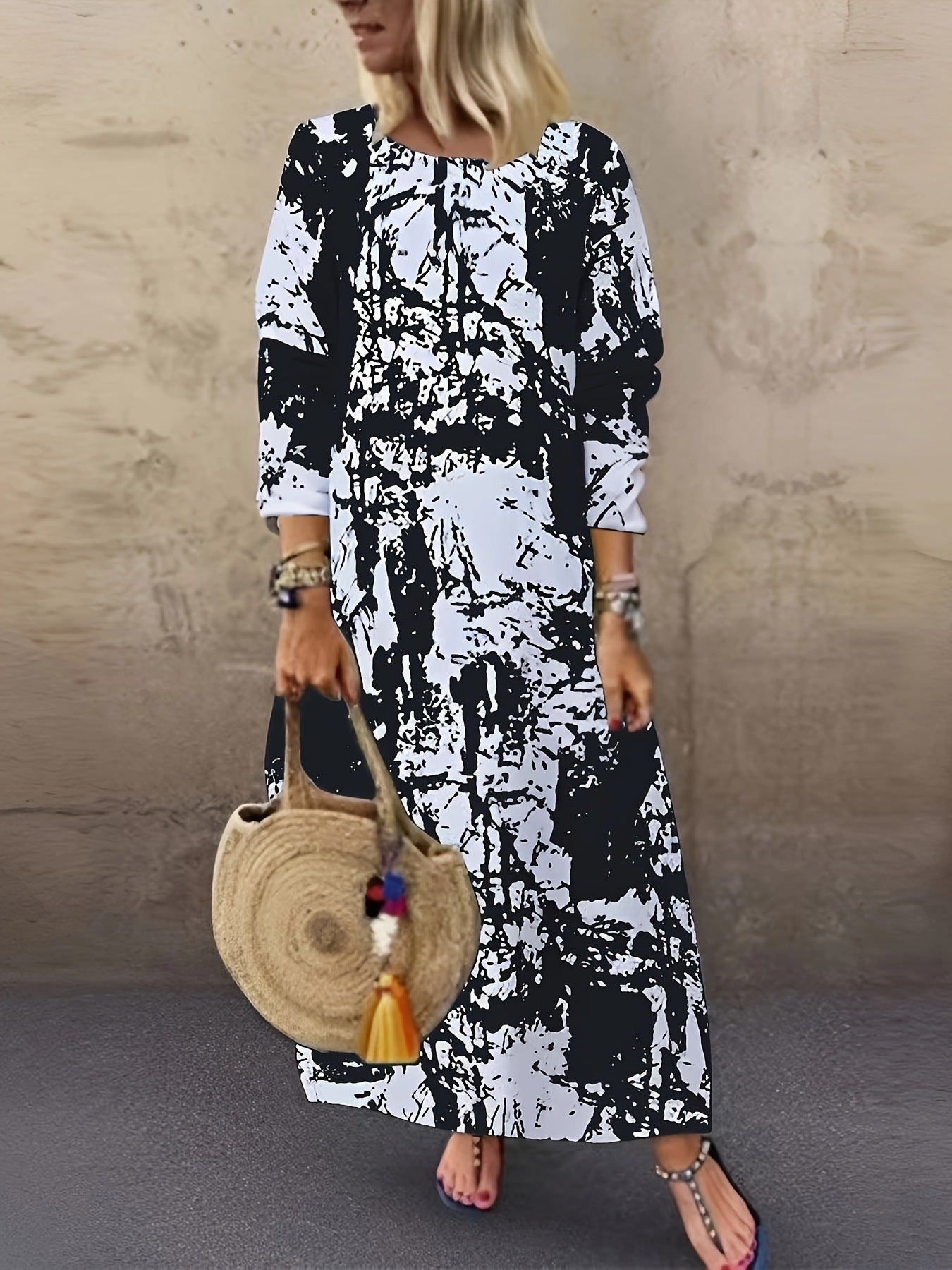 Arrival Long Crew-Neck Printed Long-Sleeve Womens Dress