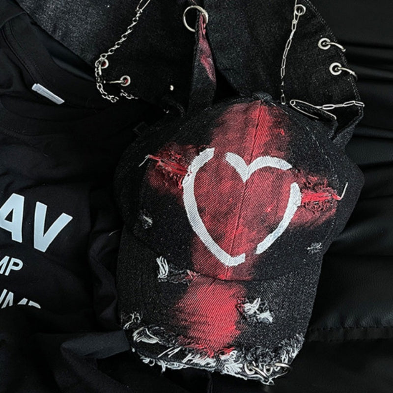 Rabbit-ear Cap With A Snapback Brim Denim-washed With Graffiti Design