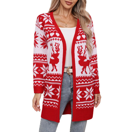 Elk Snowflake Embroidered Knitted Cardigan Coat For Women