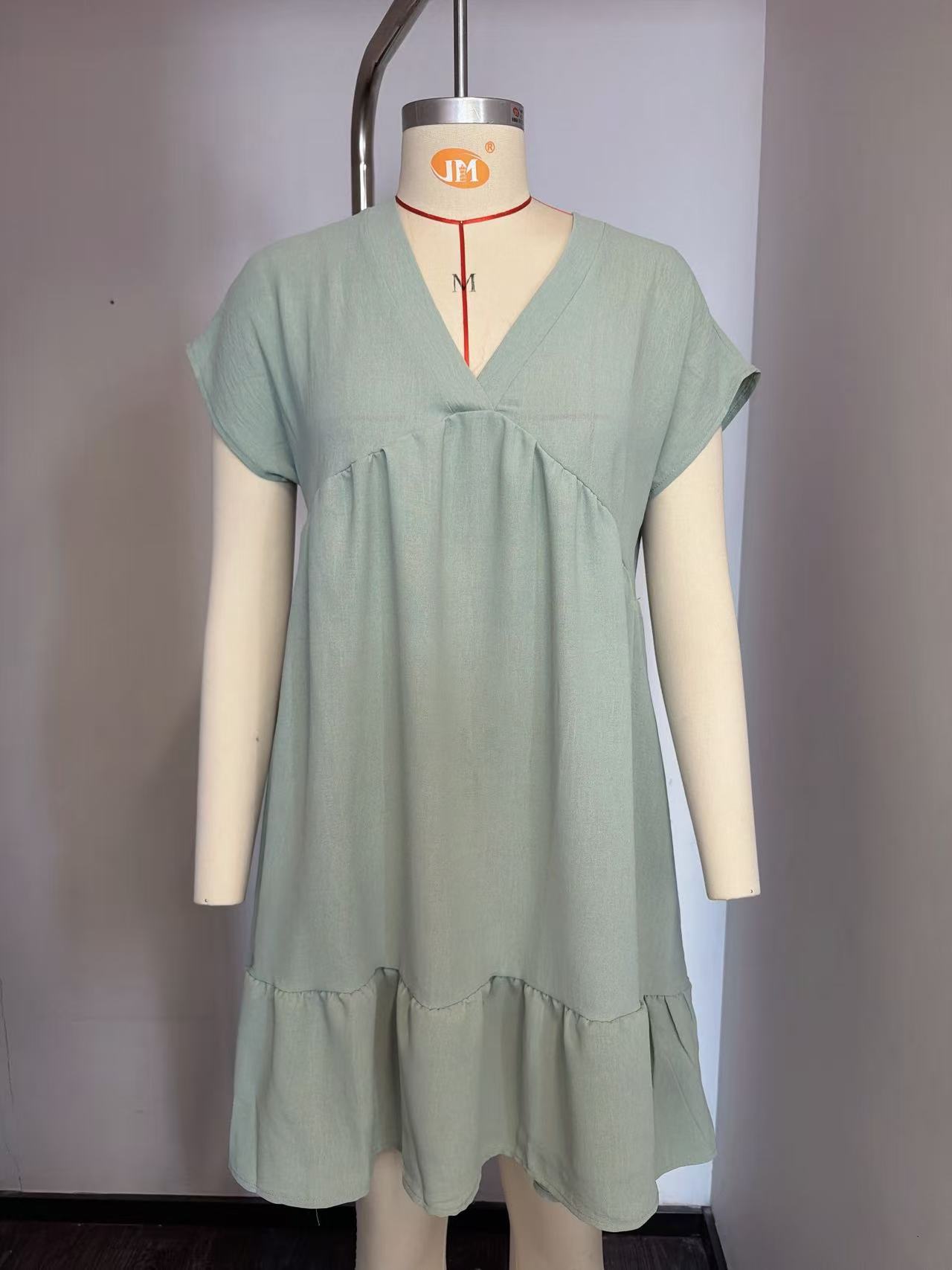 Ruffle-Trimmed V-Neck Solid-Color Resort Dress