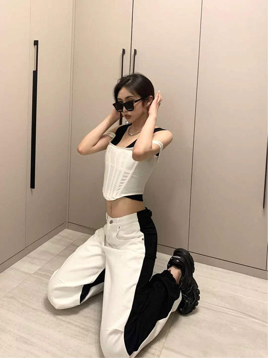 Personality Stitching Casual Jeans Elastic Overalls