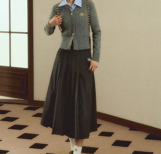 Retro High Waist A- Line Pleated Long Skirt Navy Blue Commuter College Style