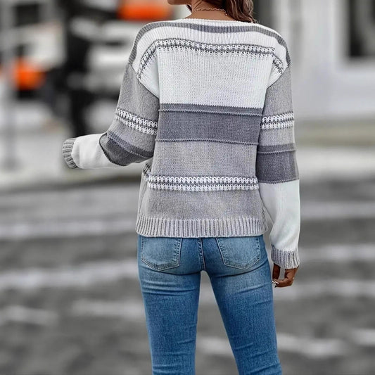 Loose V-neck Color-block Striped Sweater