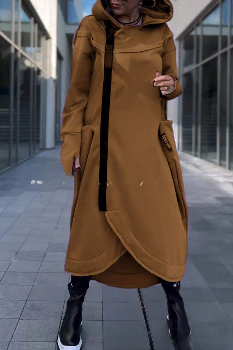 Women's Long Irregular Hem Zipper Fashion Pocket Sweatshirt