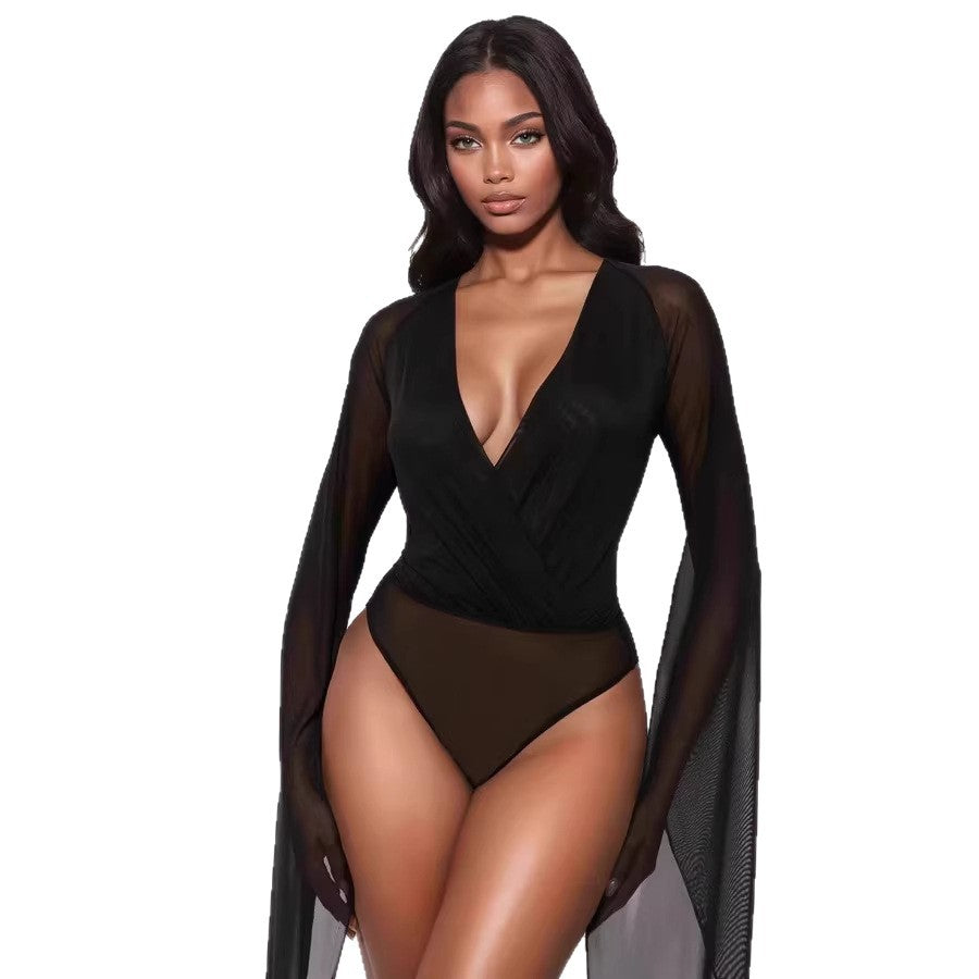 Mesh Sheer Deep-V Low-cut Mini Bodysuit