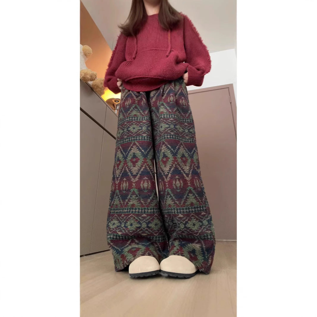 Knitted Ethnic Jacquard Wide Leg Loose Casual Long Pants