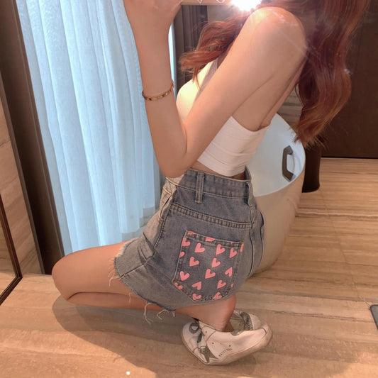 High-waisted Denim Shorts With Irregular Raw Edges