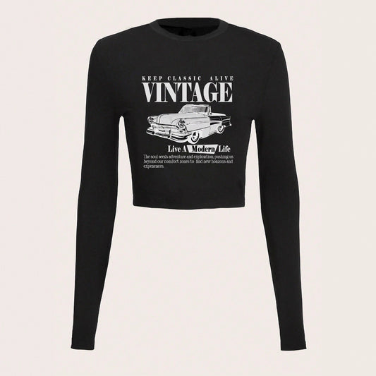 Printed American-style Vintage Long-sleeve Crew-neck T-shirt