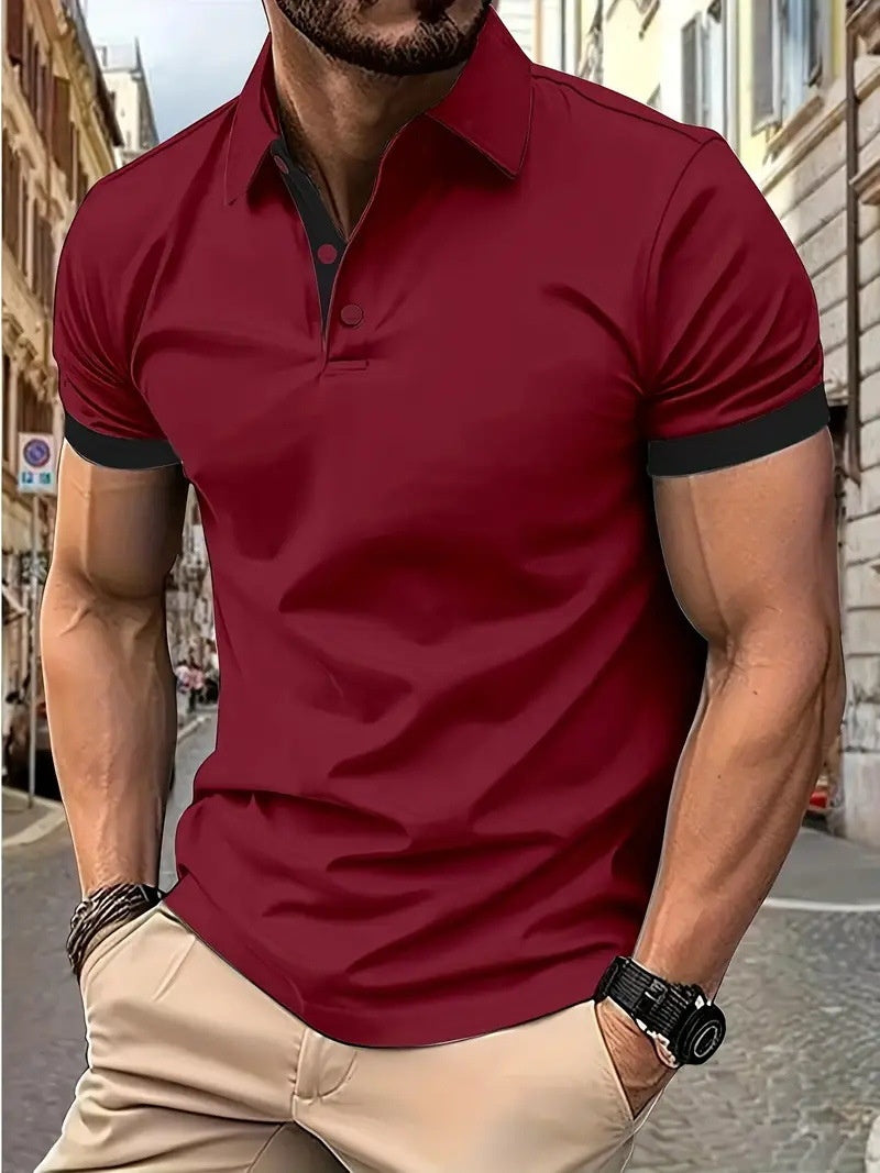 Solid Color Lapel Short Sleeve Polo Shirt Casual Loose Men 4D