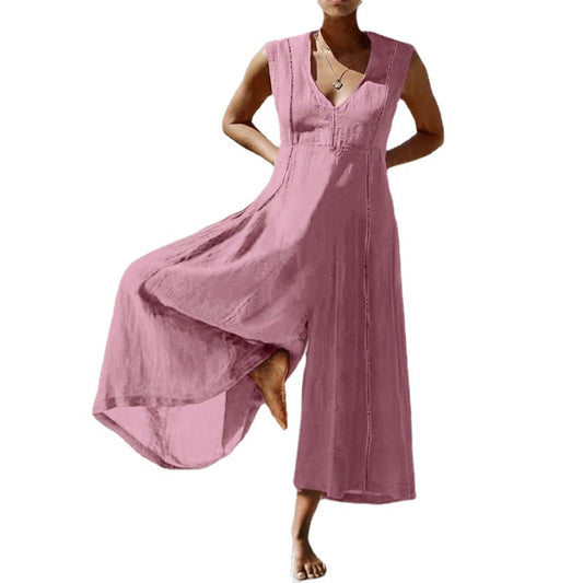 Loose V-neck Long Sleeveless Jumpsuit For Women