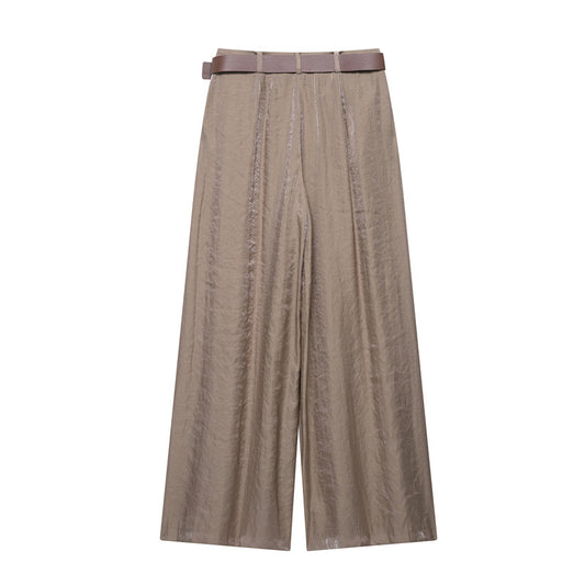 Casual Belt Silk Satin Texture Wide Leg Pants With Belt