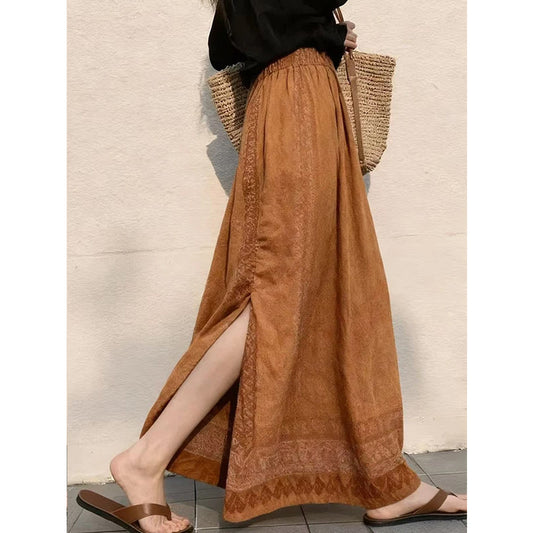 New Ethnic-style Coffee-colored Printed Half-length Skirt With A Back Slit