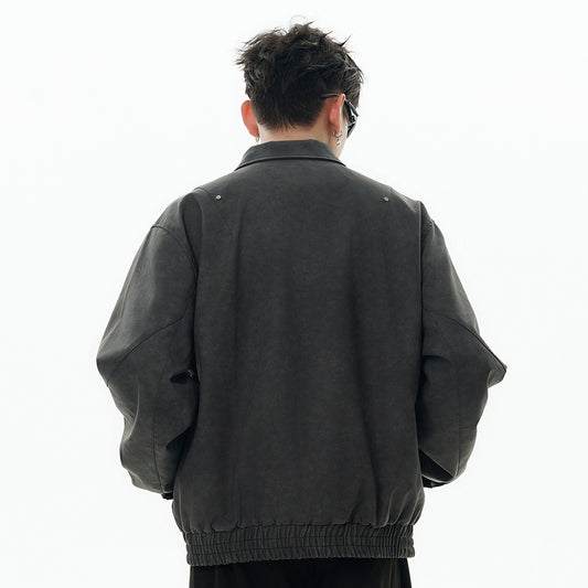 Men's Loose Casual Polo Collar Leather Coat