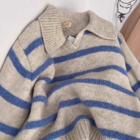 Blue Striped Polo Lapel Long Sleeve Soft Glutinous Sweater