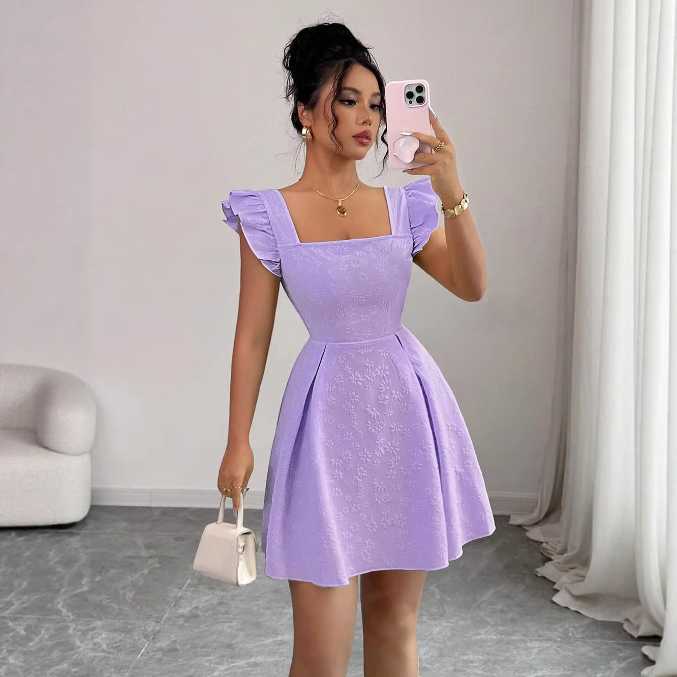 Sweet And Fresh High-Neck Pullover Jacquard Waist-Cinching Dress