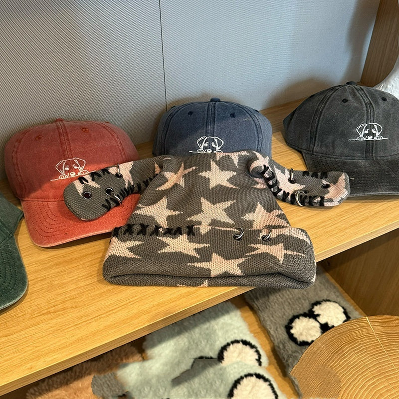 Yabifeng Metal Hoop Star Rabbit Ear Knitted Hat