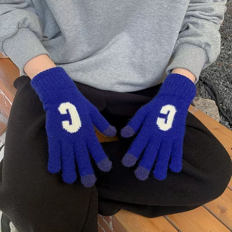 Candy Color Letter C Thick Cute Wool Knitted Warm Gloves