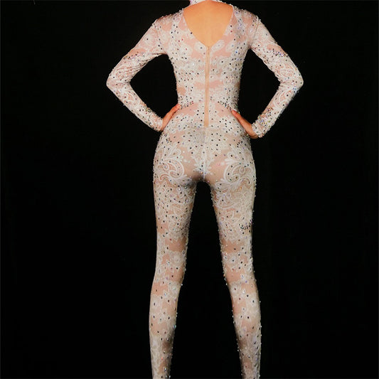 Women's Fashion Print Full Diamond Long-sleeved Jumpsuit