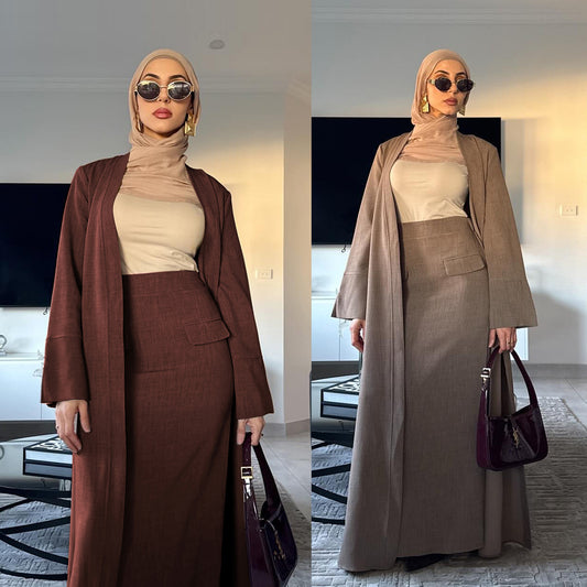 Dubai Fashion Solid Color Cardigan Skirt Two-Piece Set