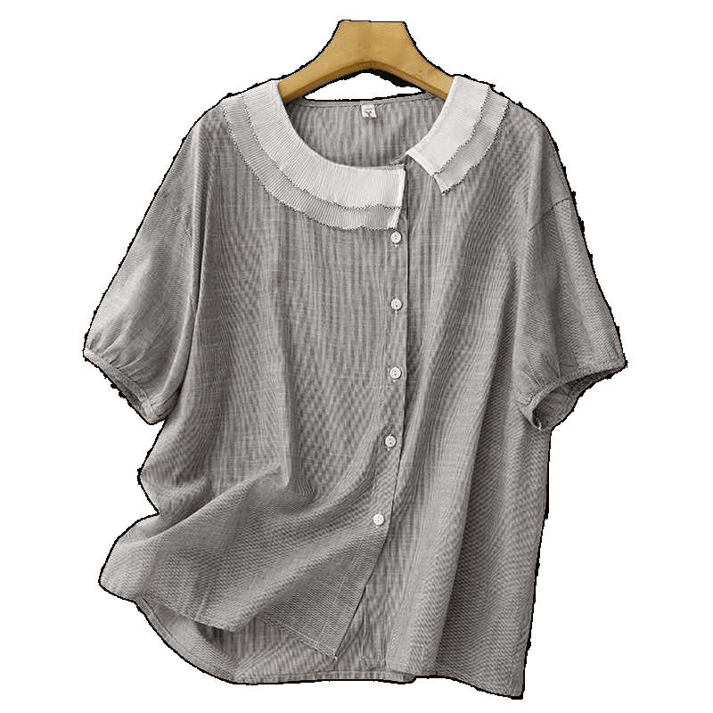 Woven Striped Fabric Ruffled Doll Collar Shirt