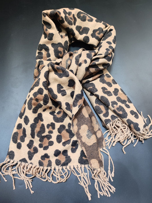 Double-sided Leopard Print Scarf With Thick Tassels Cashmere To Keep Warm