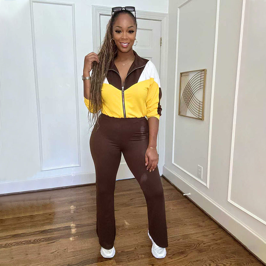 Womens Autumn Color-Block Casual Two-Piece Set