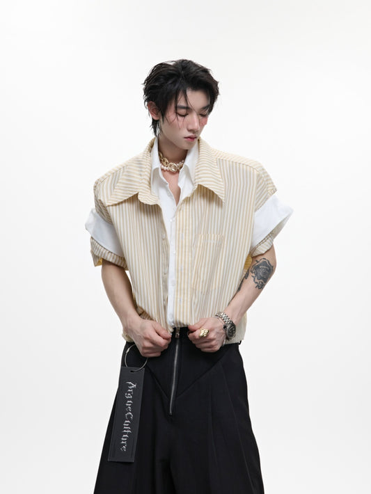 College Blue Striped Shirt Fake Two Pieces Short Sleeve Cardigan