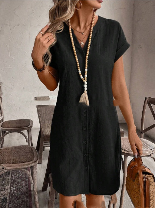 Color Cotton-linen V-neck Button-up Loose Casual Dress