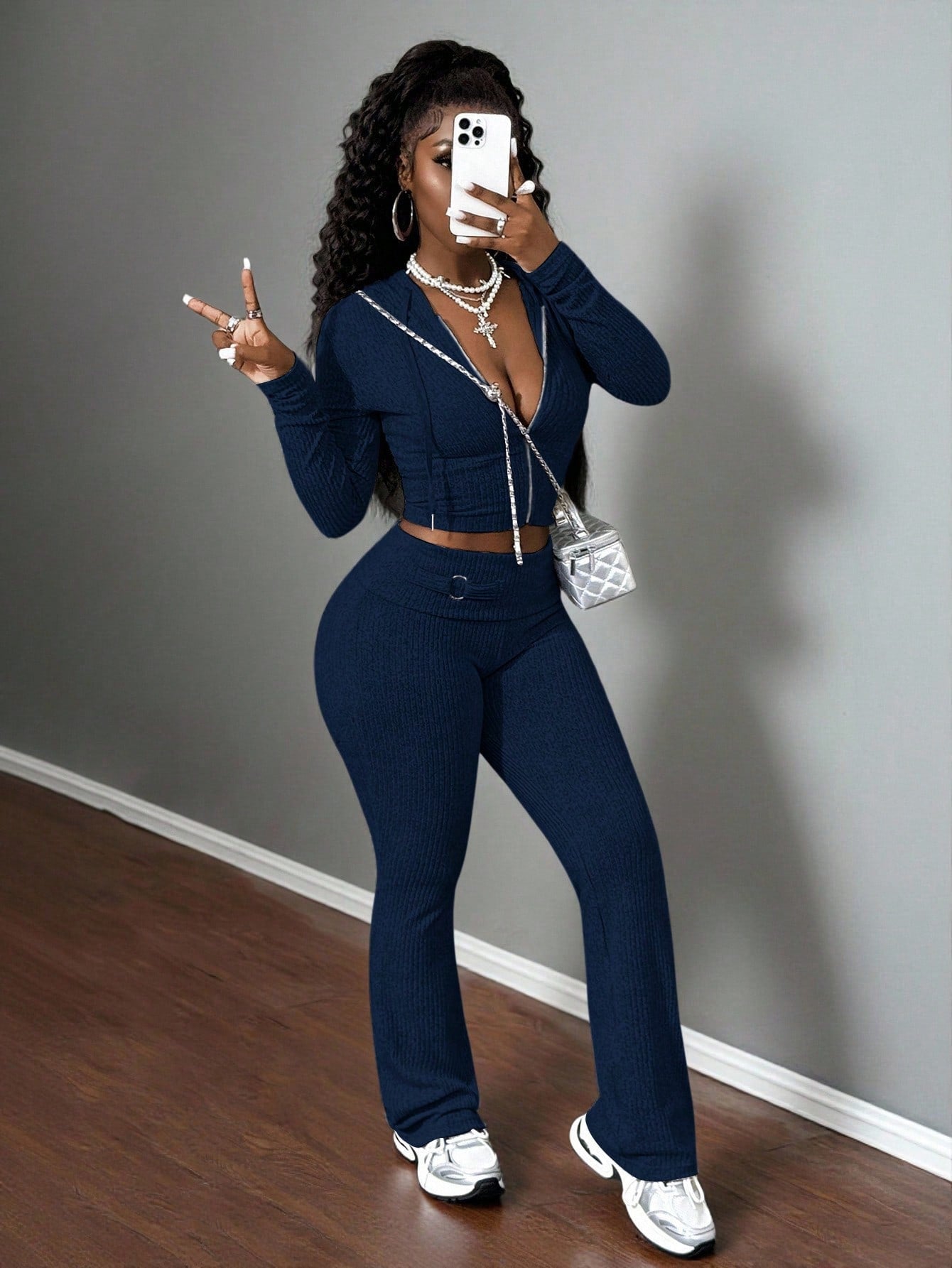 Knitted Ribbed Two-piece Full-length Pants Set