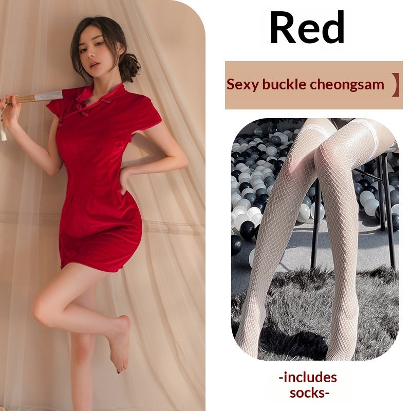 Velvet-Panel Vintage Qipao Uniform Set
